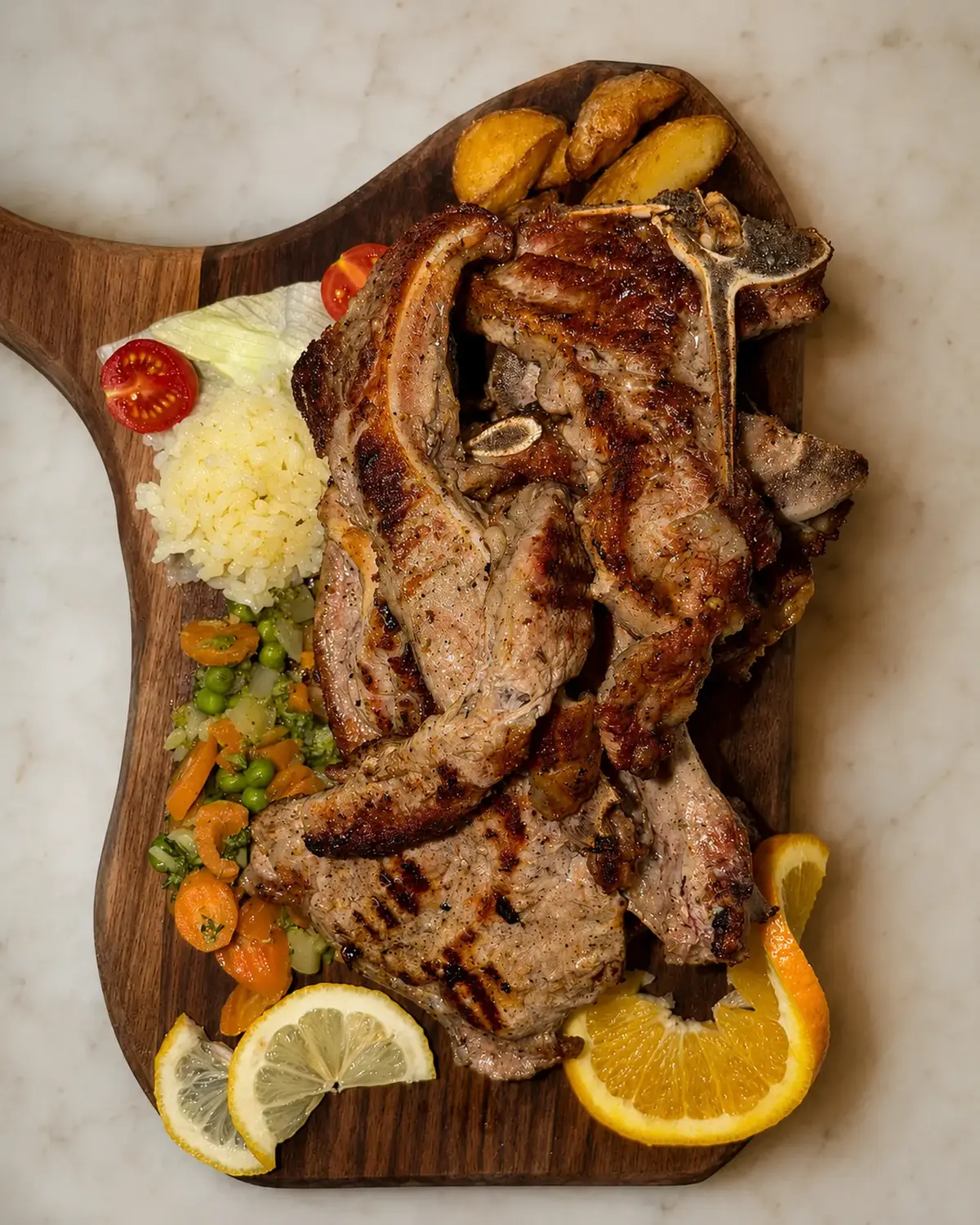 Pjatë zgare me mish të përgatitur në restorant