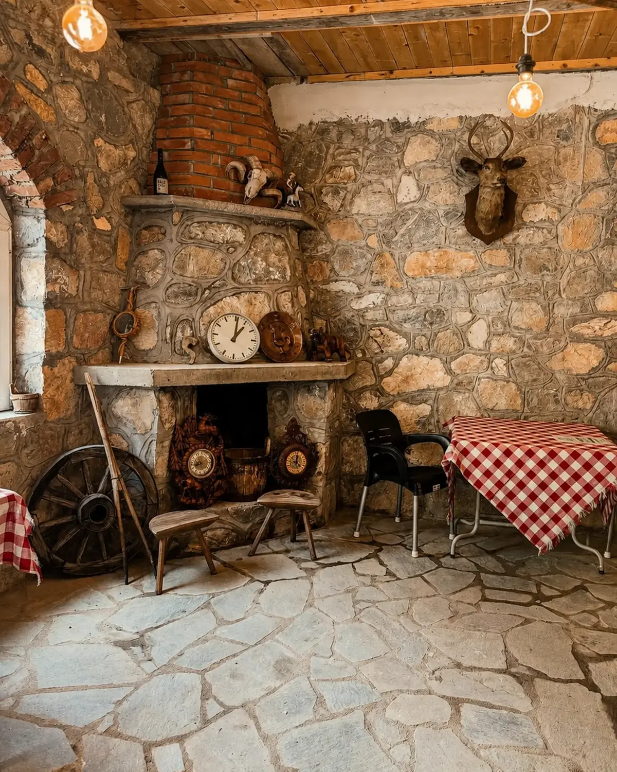 Ambienti i brendshëm i Restaurant Dardha me vatër zjarri dhe dru